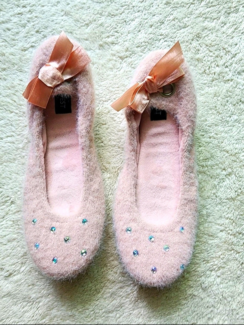 Nine West Pink Faux Fur Ballet Slippers Bow Rhinestone Non-Slip Women’s 9/10